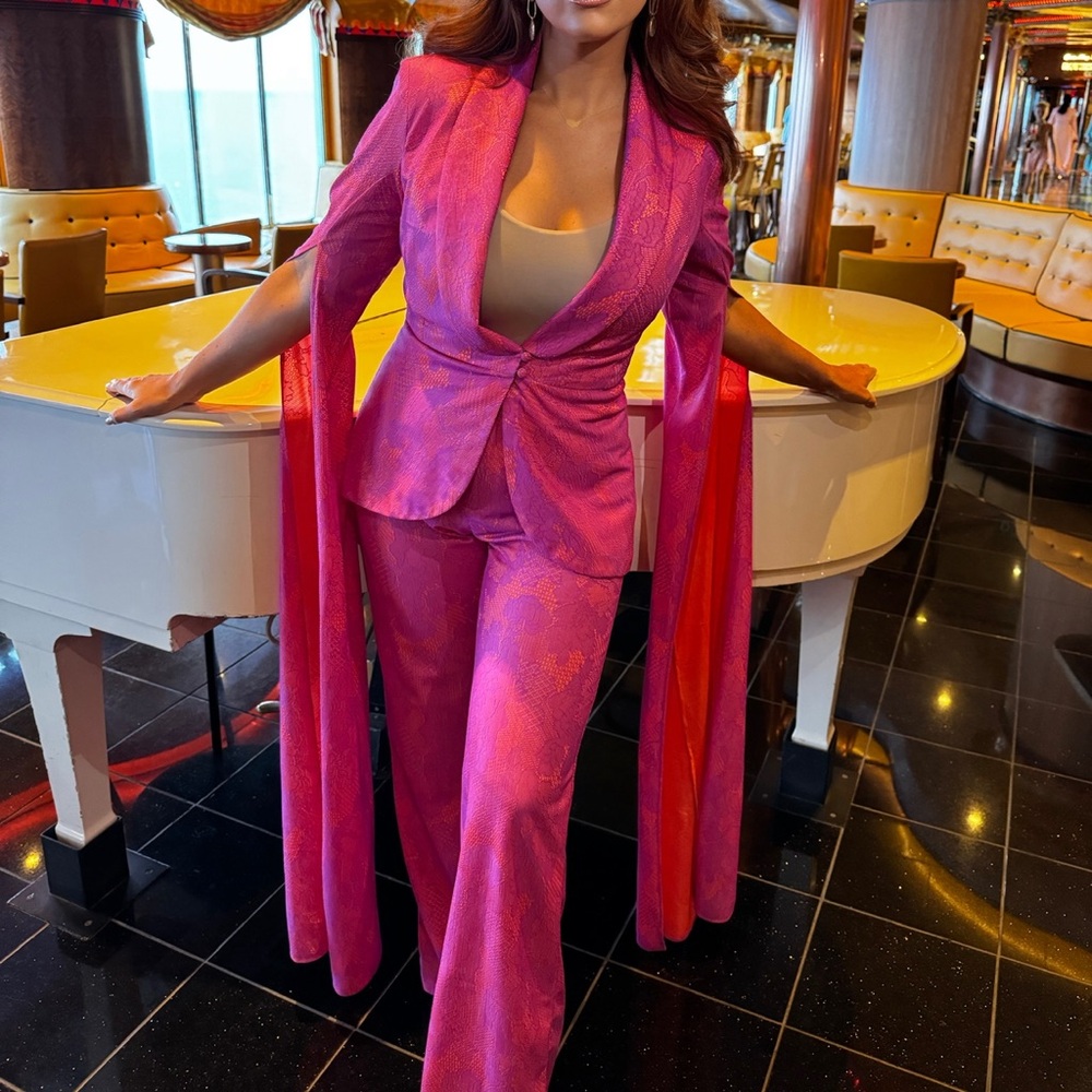 Pink Lace Pantsuit and statement blazer